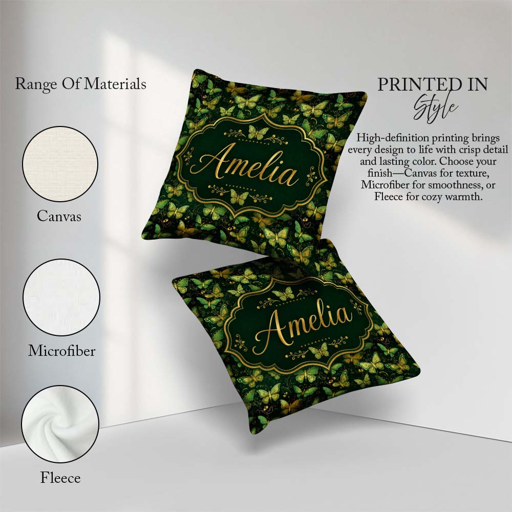 Custom Name Green and Gold Butterfly Ornamental Seamless Pattern Square Filled Cushion Throw Pillow Sofa Bed Home Decor Zip Washable UK Made