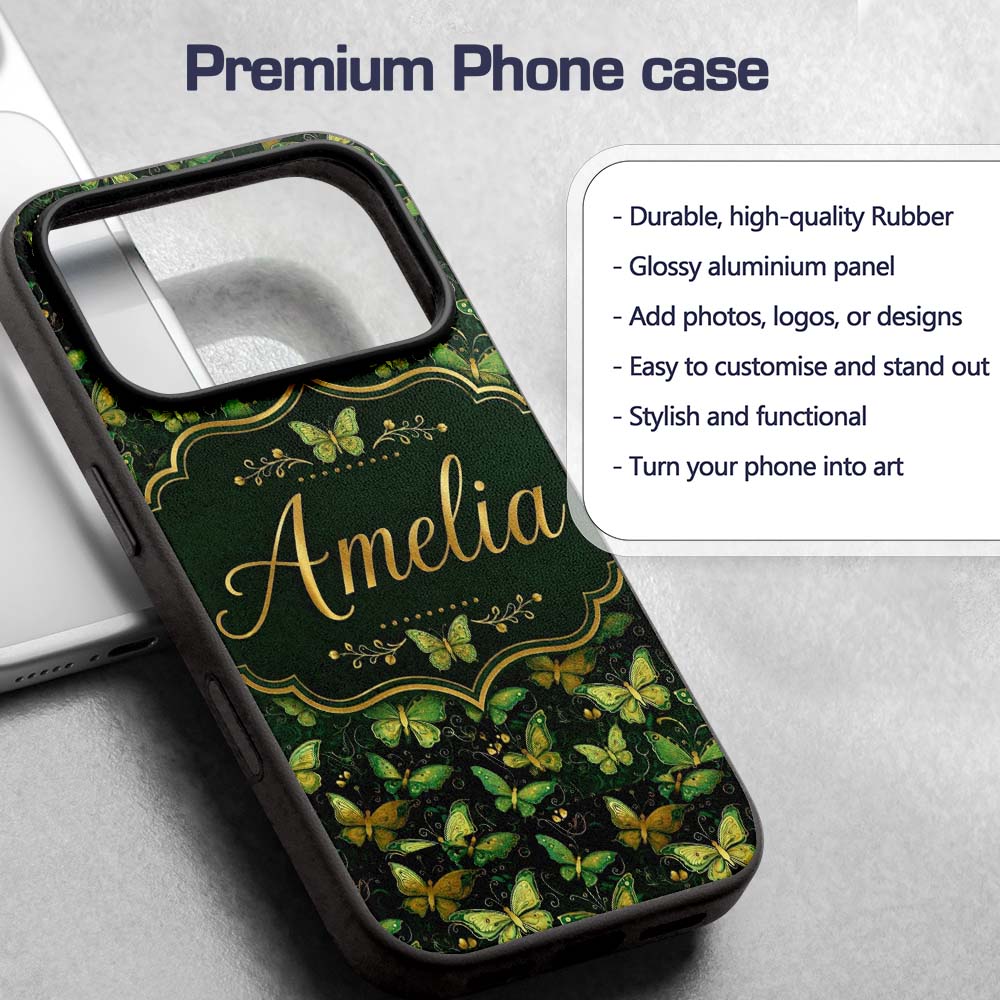 Green and Gold Butterfly Ornamental Luxury Printed Design Custom Name Protective Phone Case Mobile Cover Durable Smartphone Shock Resistant