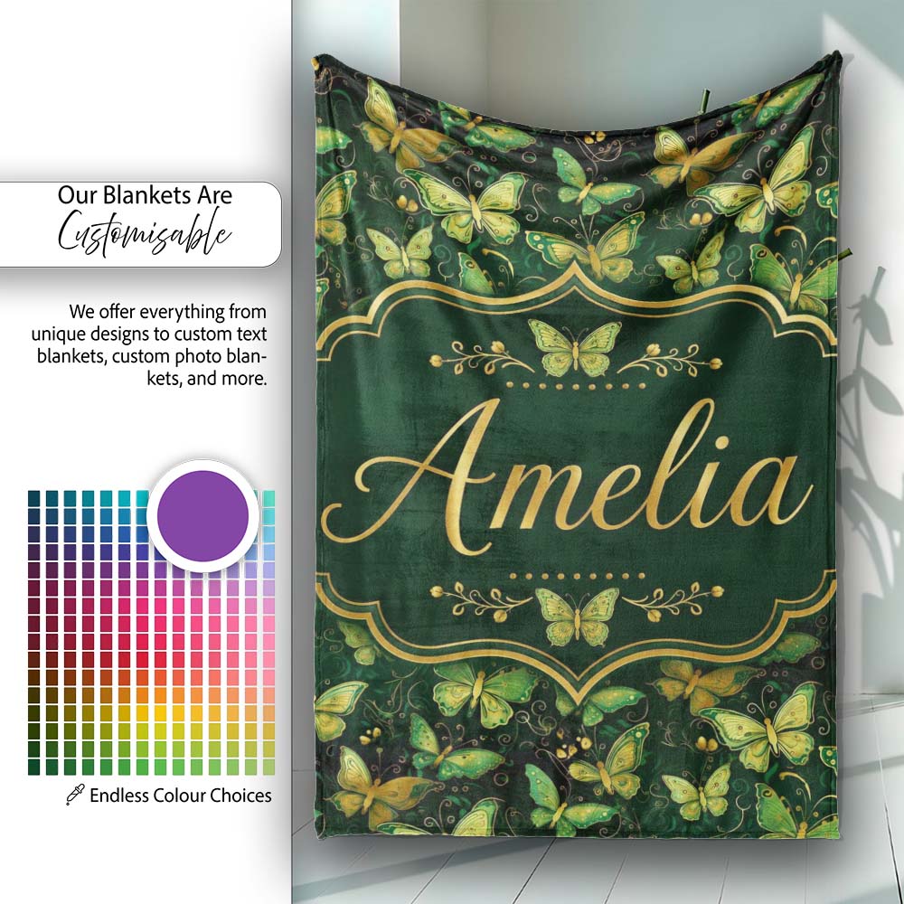 Green and Gold Butterfly Ornamental Luxury Seamless Pattern Lovely  Personalised Custom Name Super Soft Fleece Blanket Bed Sofa Throw