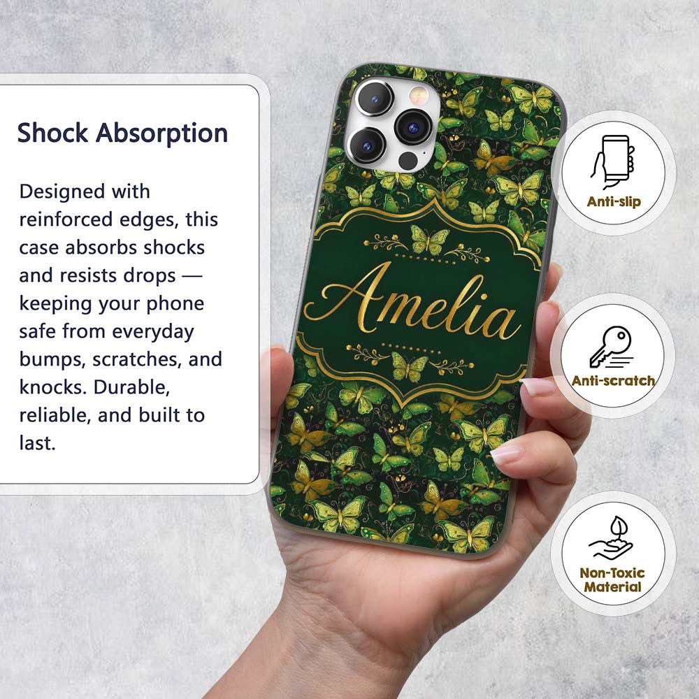 Green and Gold Butterfly Ornamental Luxury Printed Design Custom Name Protective Phone Case Mobile Cover Durable Smartphone Shock Resistant