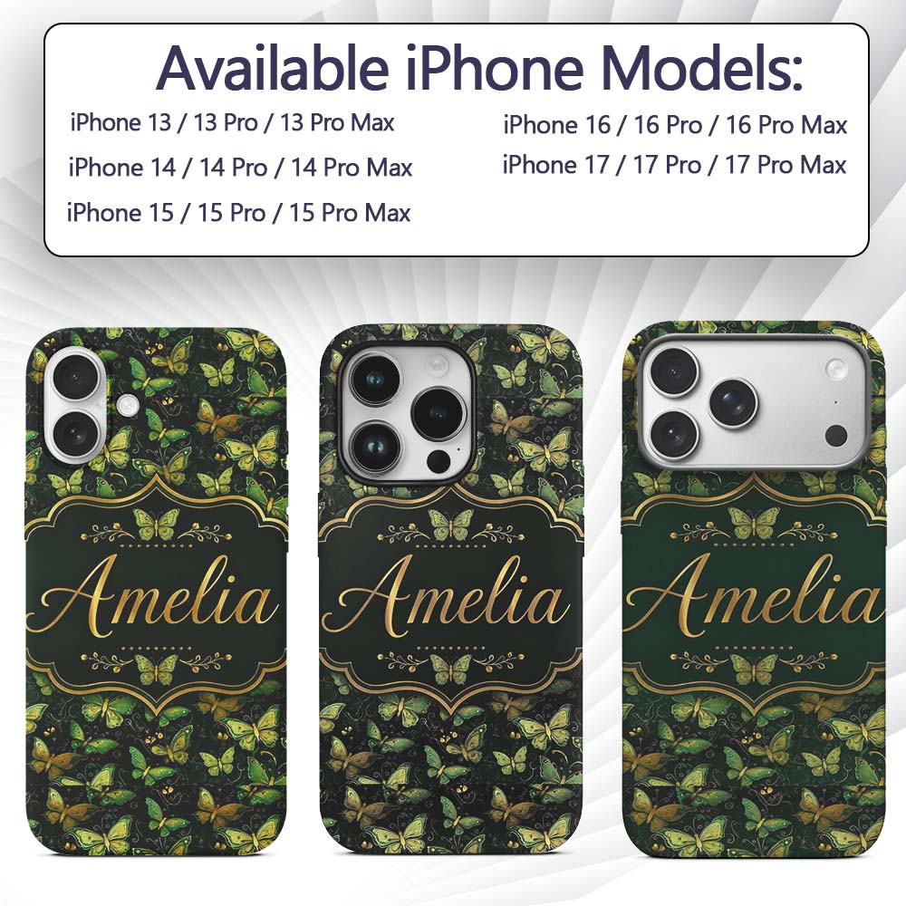 Green and Gold Butterfly Ornamental Luxury Printed Design Custom Name Protective Phone Case Mobile Cover Durable Smartphone Shock Resistant