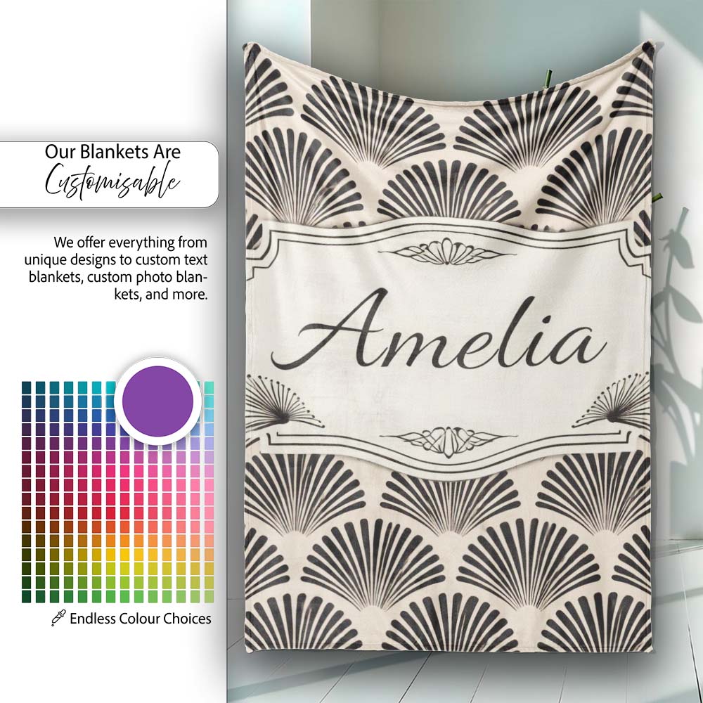Scallop Fan Shell Black Cream Art Deco Pattern Perfect Gift for Her  Personalised Custom Name Super Soft Fleece Blanket Bed Sofa Throw