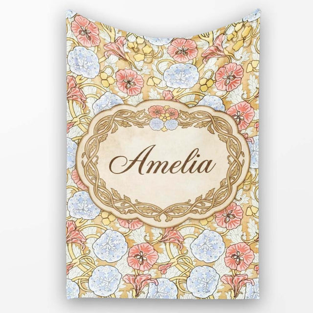 Vintage Floral Botanical Art Nouveau Style Seamless Pattern Lovely  Personalised Custom Name Super Soft Fleece Blanket Bed Sofa Throw