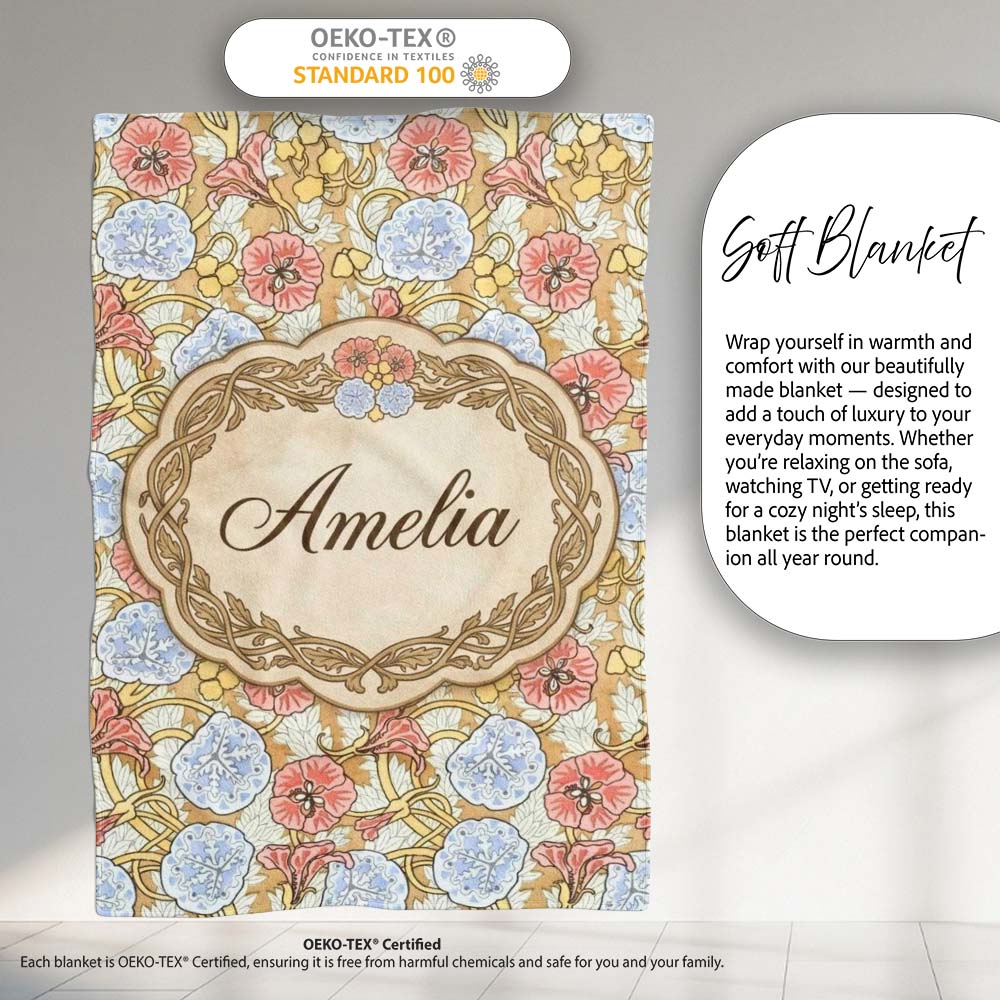 Vintage Floral Botanical Art Nouveau Style Seamless Pattern Lovely  Personalised Custom Name Super Soft Fleece Blanket Bed Sofa Throw