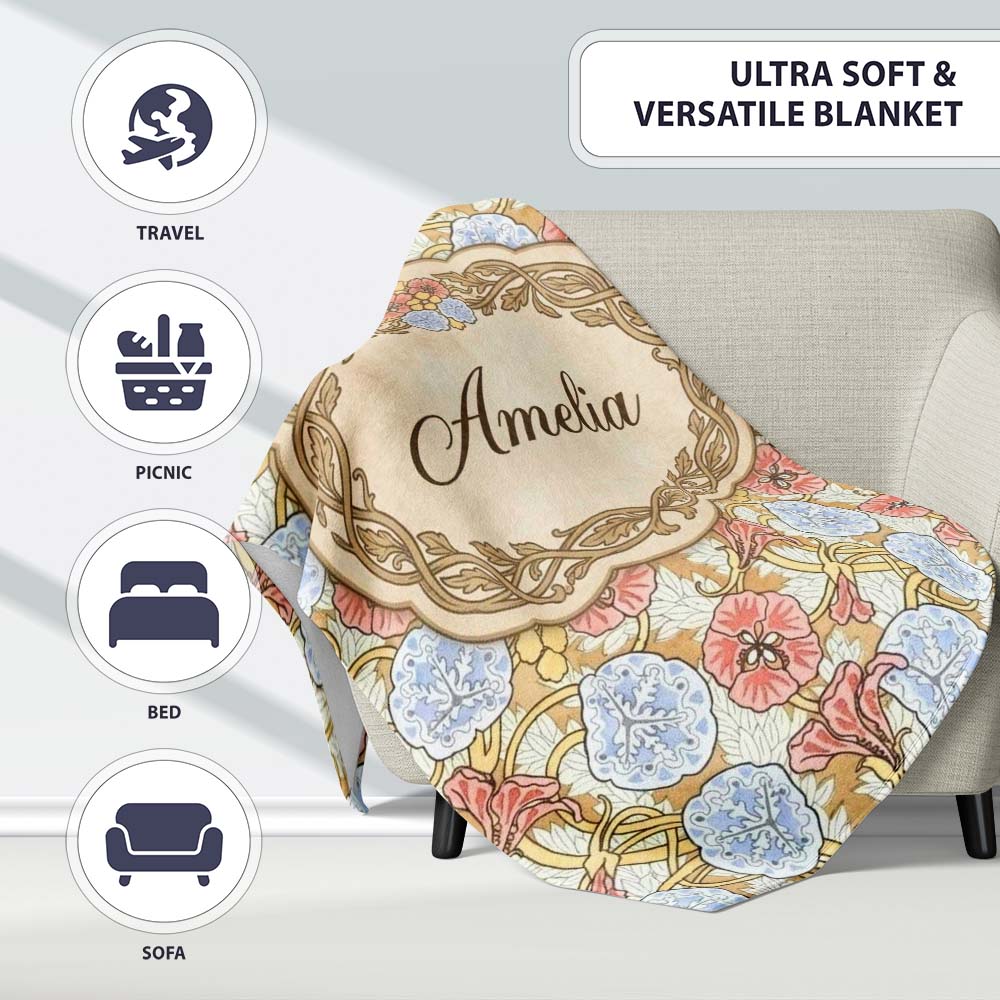 Vintage Floral Botanical Art Nouveau Style Seamless Pattern Lovely  Personalised Custom Name Super Soft Fleece Blanket Bed Sofa Throw