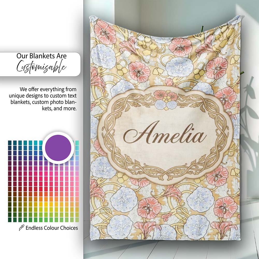Vintage Floral Botanical Art Nouveau Style Seamless Pattern Lovely  Personalised Custom Name Super Soft Fleece Blanket Bed Sofa Throw