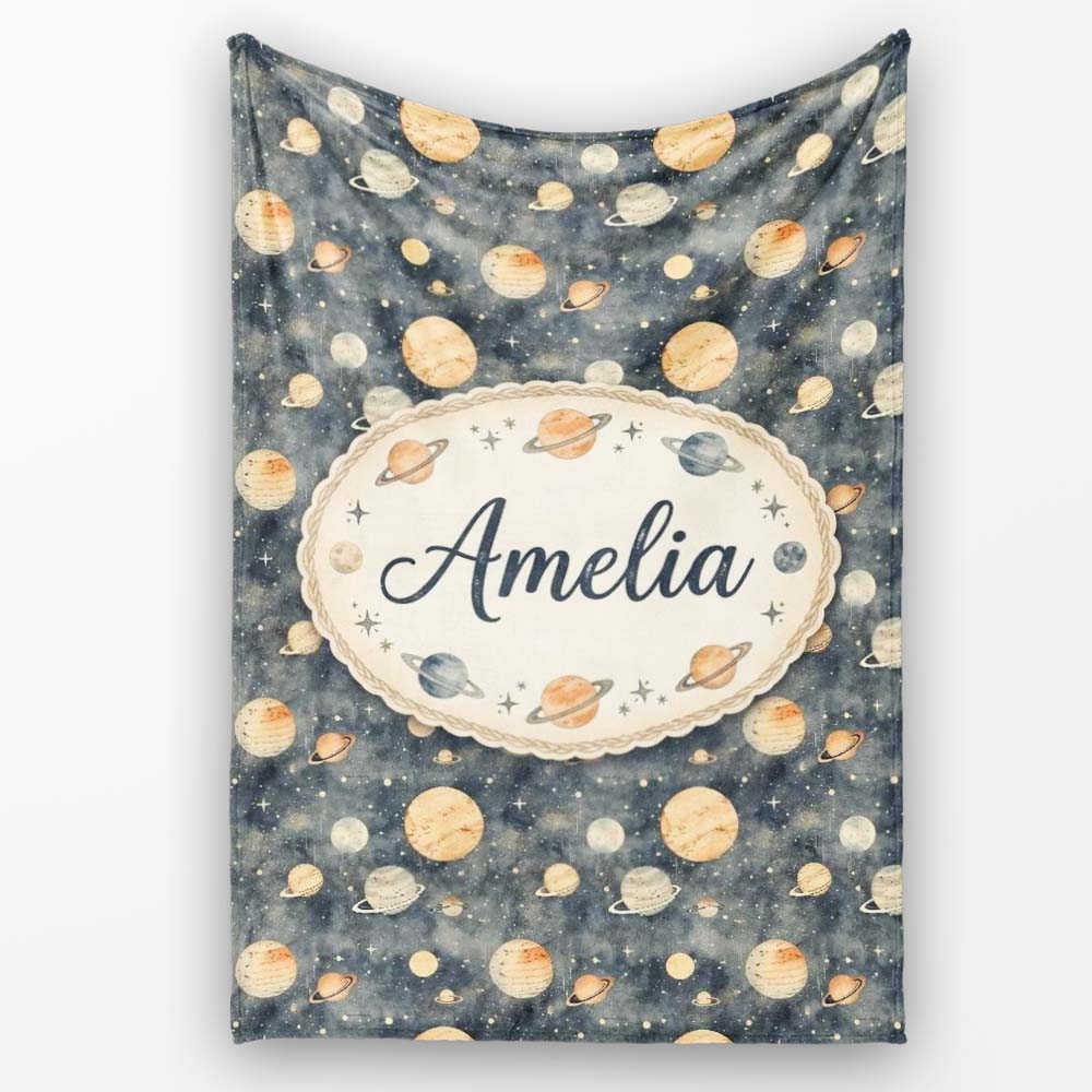 Watercolor Planets Galaxy Space Theme Seamless Pattern Lovely  Personalised Custom Name Super Soft Fleece Blanket Bed Sofa Throw