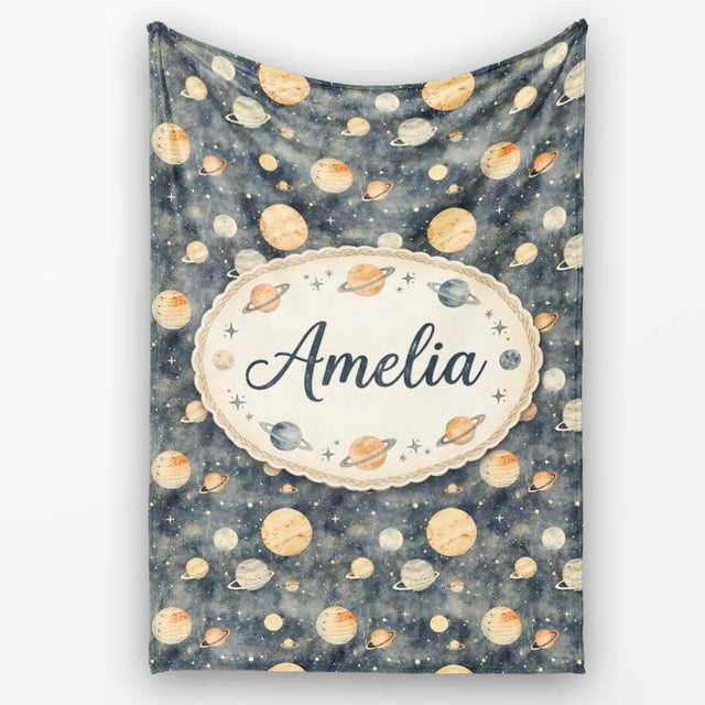 Watercolor Planets Galaxy Space Theme Seamless Pattern Lovely  Personalised Custom Name Super Soft Fleece Blanket Bed Sofa Throw