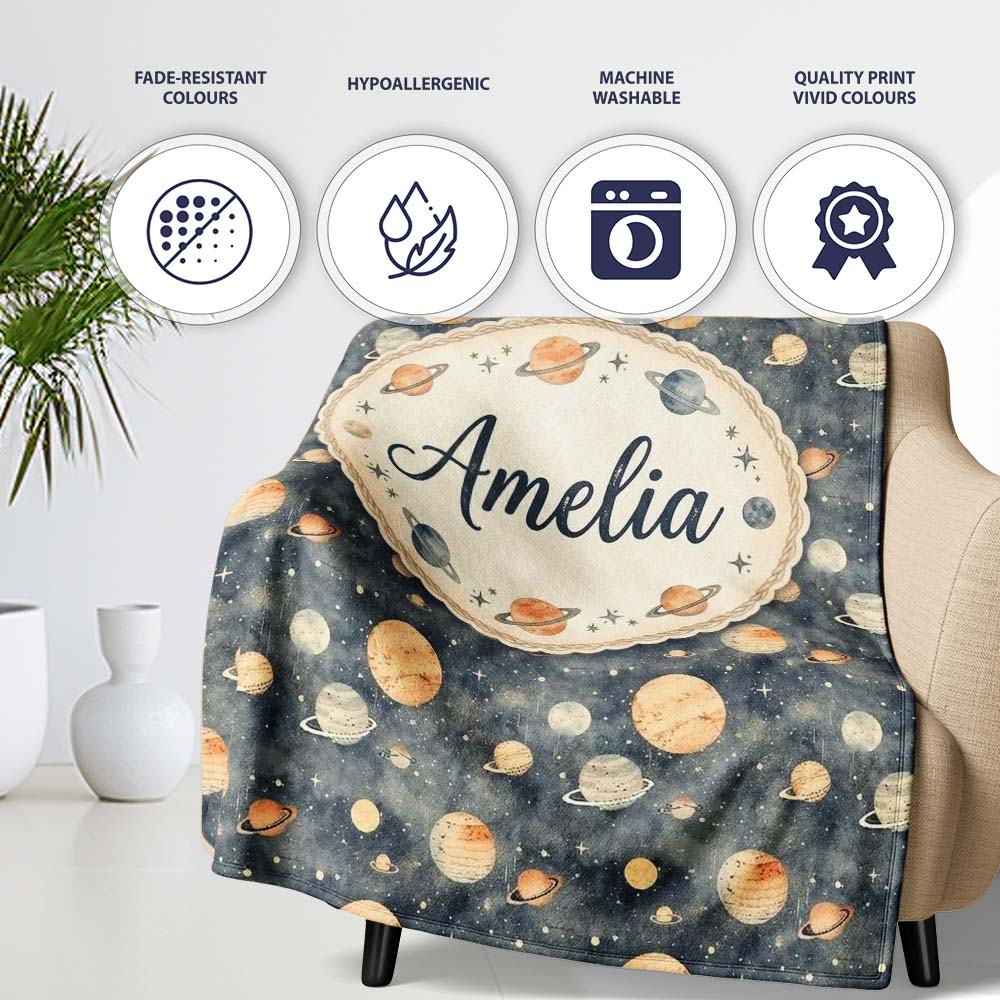 Watercolor Planets Galaxy Space Theme Seamless Pattern Lovely  Personalised Custom Name Super Soft Fleece Blanket Bed Sofa Throw