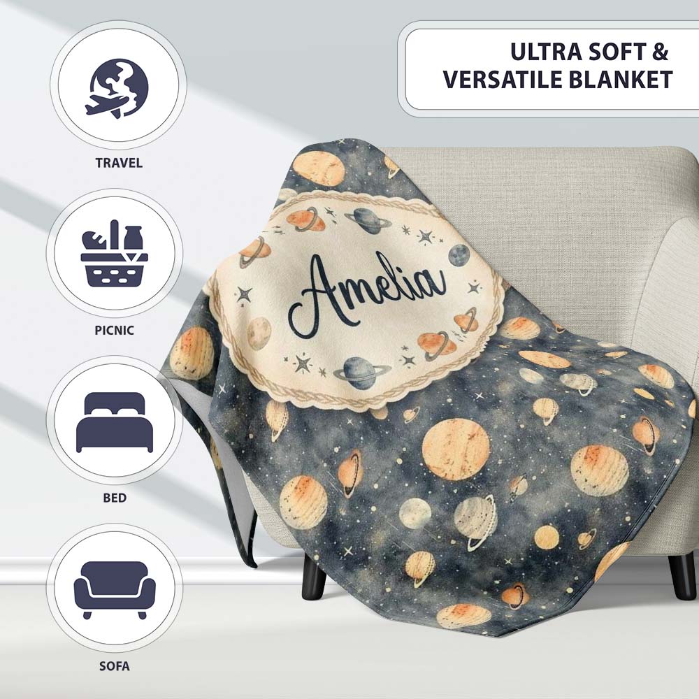 Watercolor Planets Galaxy Space Theme Seamless Pattern Lovely  Personalised Custom Name Super Soft Fleece Blanket Bed Sofa Throw