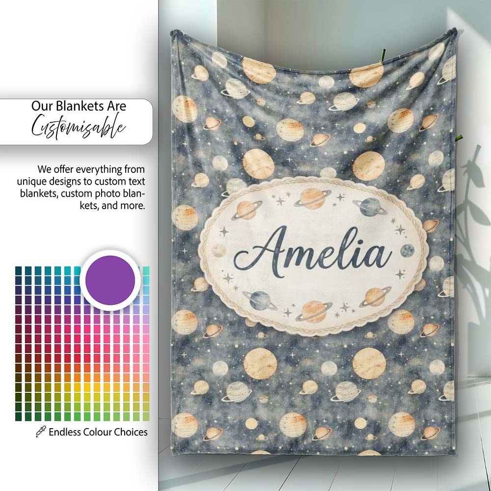 Watercolor Planets Galaxy Space Theme Seamless Pattern Lovely  Personalised Custom Name Super Soft Fleece Blanket Bed Sofa Throw