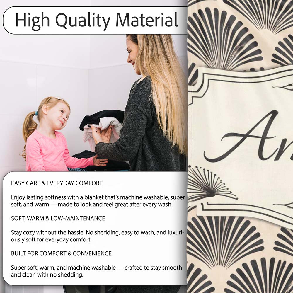 Scallop Fan Shell Black Cream Art Deco Pattern Perfect Gift for Her  Personalised Custom Name Super Soft Fleece Blanket Bed Sofa Throw