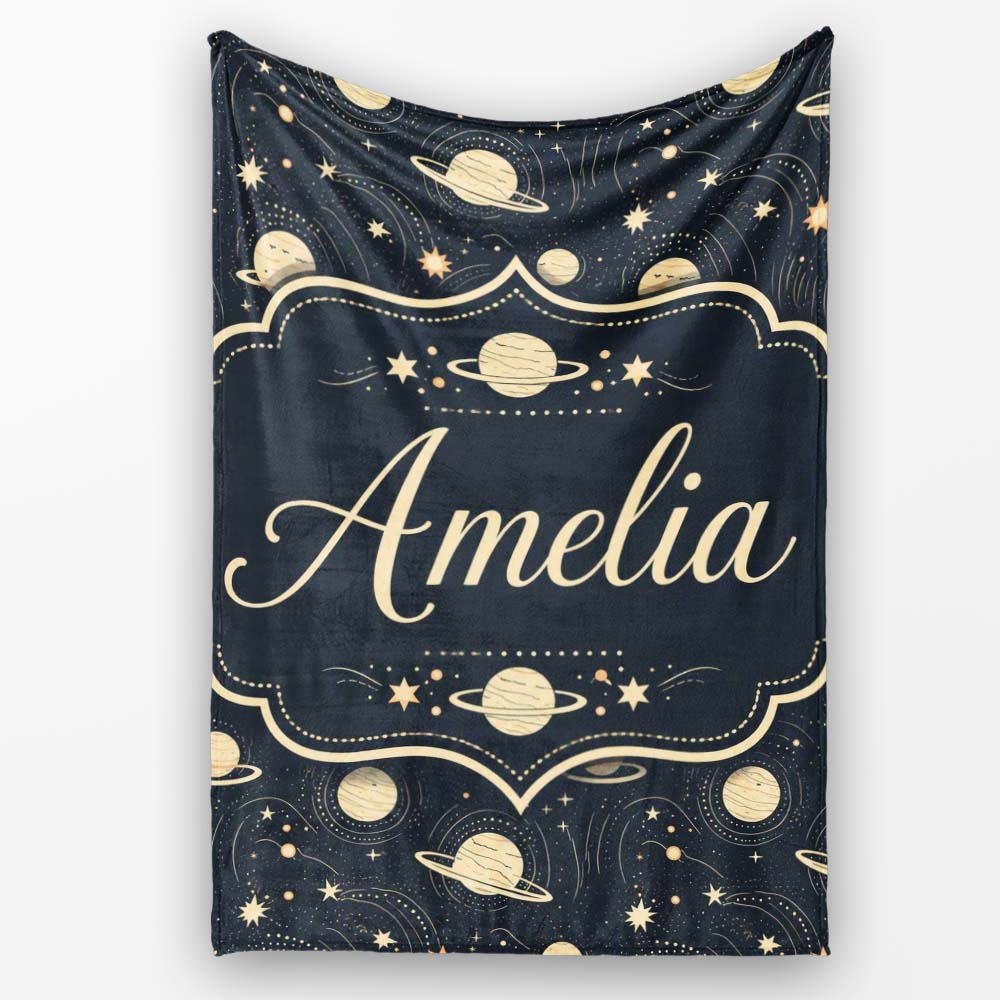 Celestial Planets Stars Orbit Line Art Seamless Pattern Lovely  Personalised Custom Name Super Soft Fleece Blanket Bed Sofa Throw