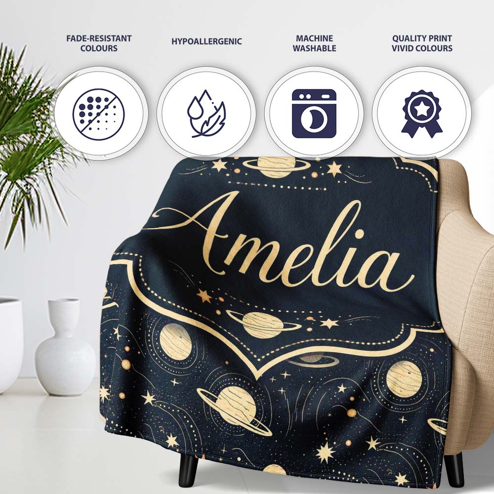 Celestial Planets Stars Orbit Line Art Seamless Pattern Lovely  Personalised Custom Name Super Soft Fleece Blanket Bed Sofa Throw