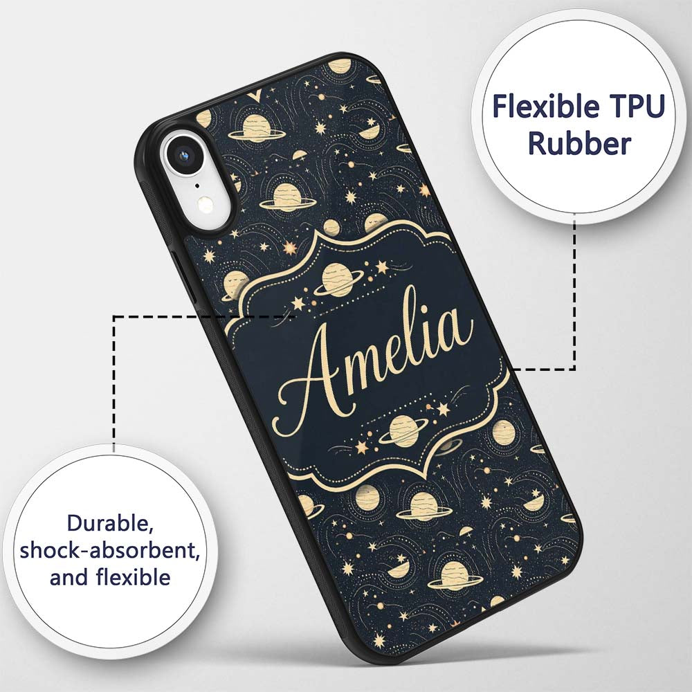 Celestial Planets Stars Orbit Line Art Seamless Custom Name Protective Phone Case Mobile Cover Durable Everyday Smartphone Shock Resistant