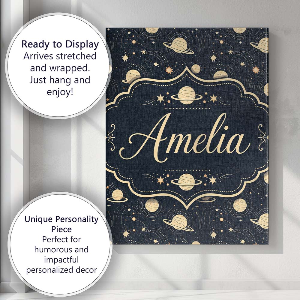 Personalised Name Celestial Planets Stars Custom  Unique Gift Idea Elegant Feature Canvas Wall Art Print Decor Picture Ready to Hang