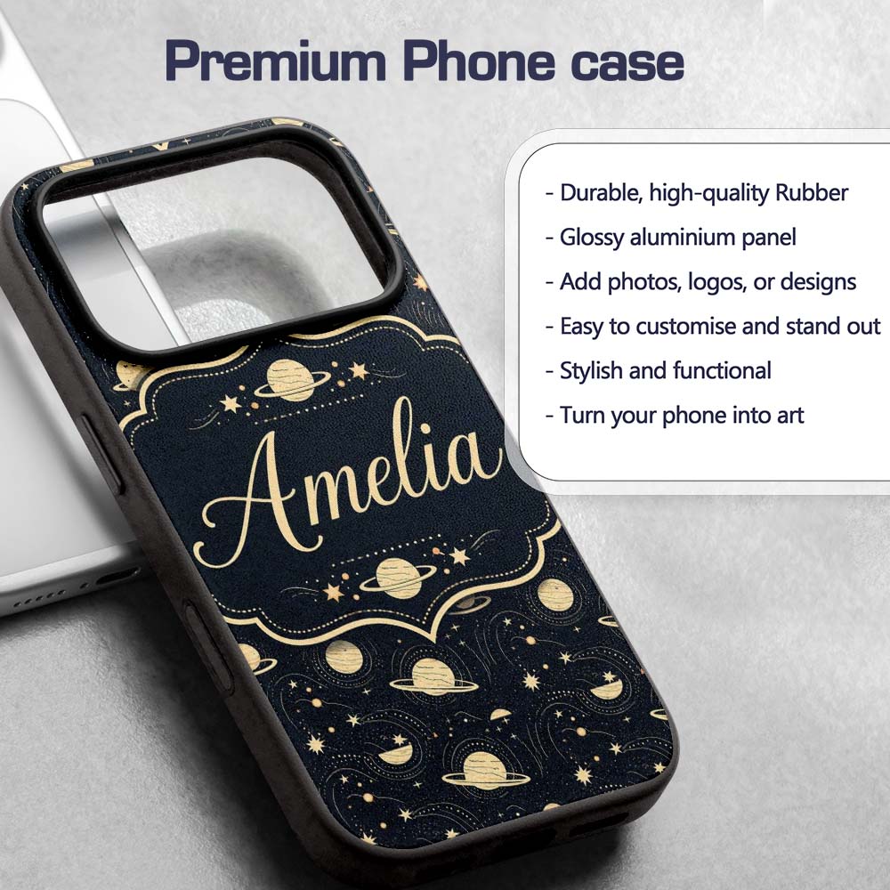 Celestial Planets Stars Orbit Line Art Seamless Custom Name Protective Phone Case Mobile Cover Durable Everyday Smartphone Shock Resistant
