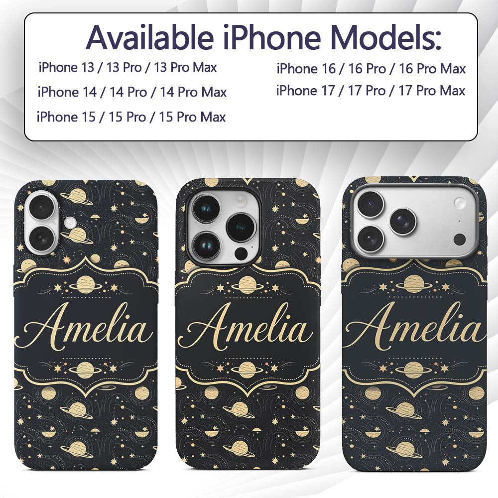 Celestial Planets Stars Orbit Line Art Seamless Custom Name Protective Phone Case Mobile Cover Durable Everyday Smartphone Shock Resistant