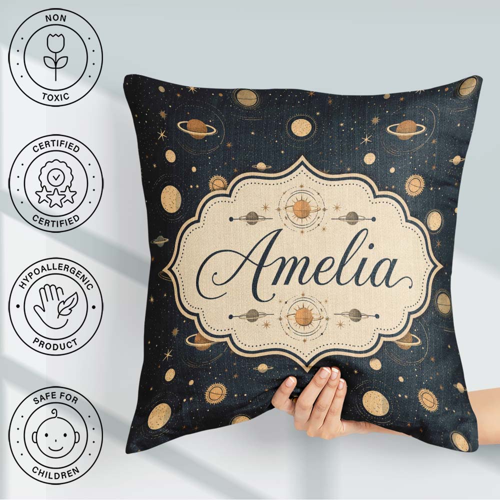 Custom Name Solar System Space Objects Seamless Pattern Decor Square Filled Cushion Throw Pillow Sofa Bed Home Decor Zip Washable UK Made