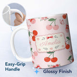 Personalized Custom Name Cute Cherry Fruit with Bow and Sprinkles Seamless Pattern Soft Pink 11oz Ceramic Coffee Tea Mug White Large Handle