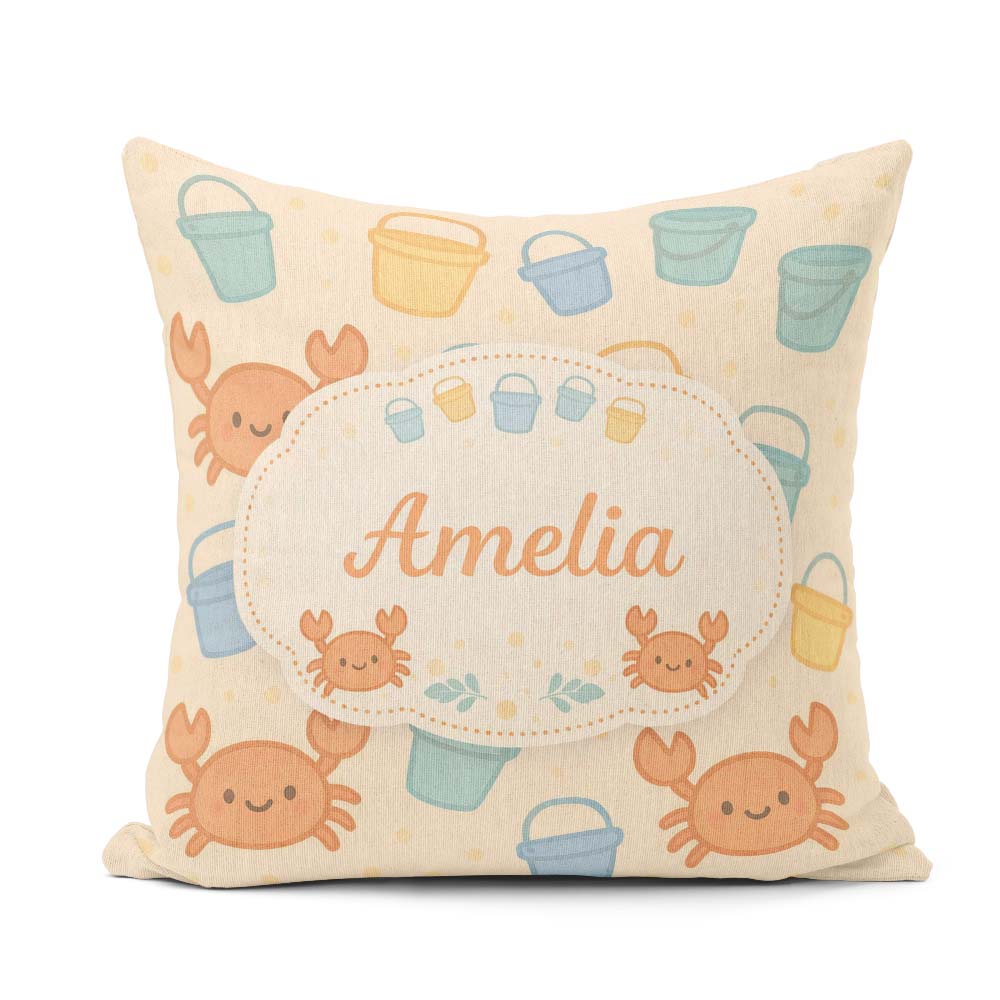 Custom Name Cute Crab Bucket Beach Cartoon Animal Pattern Cute Square Filled Cushion Throw Pillow Sofa Bed Home Decor Zip Washable UK Made
