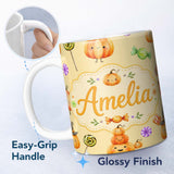 Personalized Custom Name Cute Halloween Pumpkin Candy Characters Warm Beige Background 11oz Ceramic Coffee Tea Mug White Large Handle