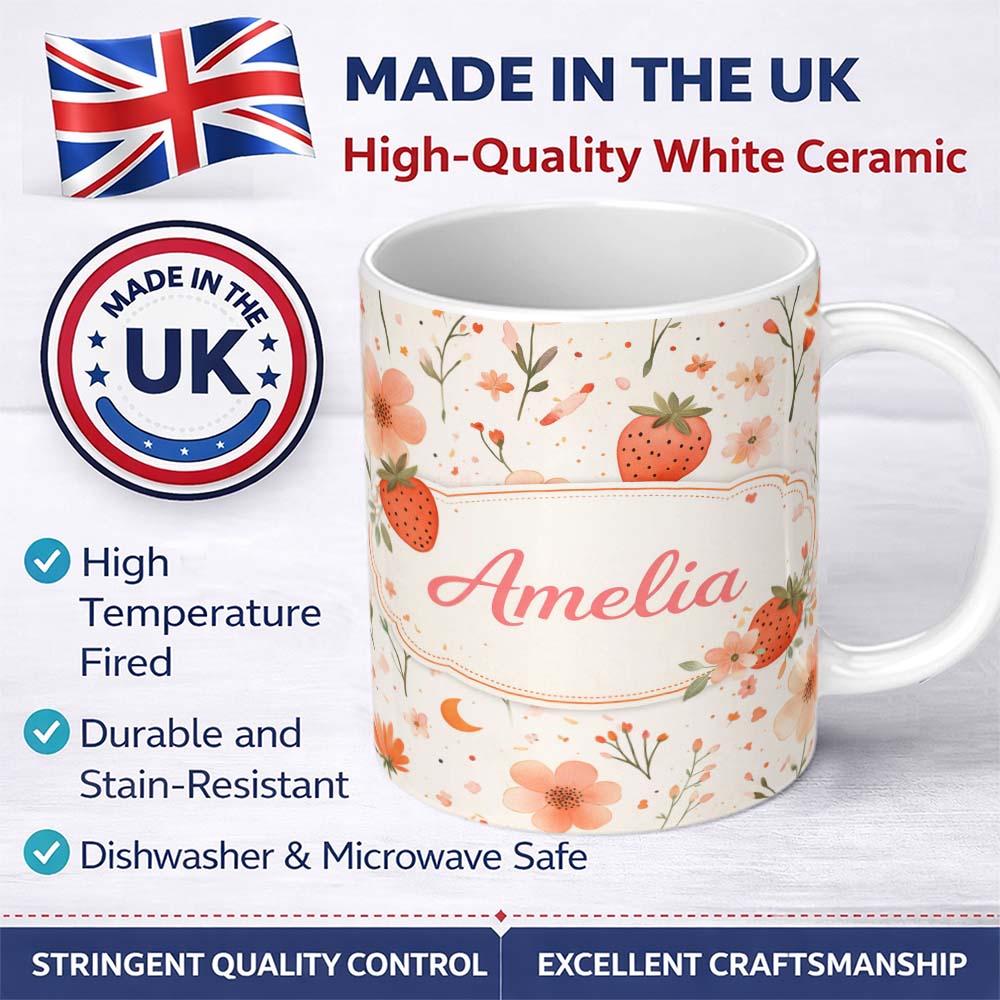 Personalized Custom Name Strawberry and Floral Cute Summer Pattern Charming Kitchen Decor 11oz Ceramic Coffee Tea Mug White Large Handle