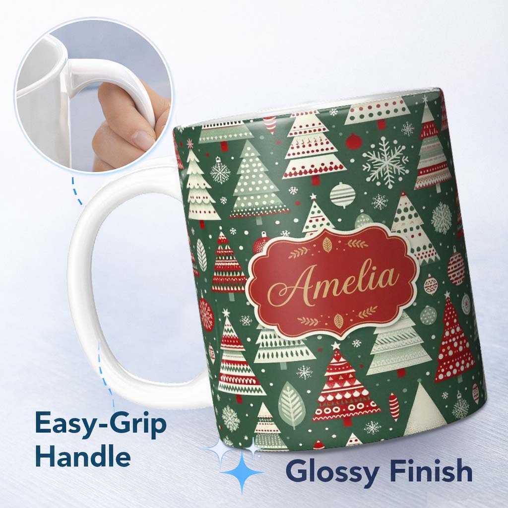 Personalized Custom Name Nordic Holiday Trees with Ornaments Snowflakes and Red Green Decor 11oz Ceramic Coffee Tea Mug White Large Handle
