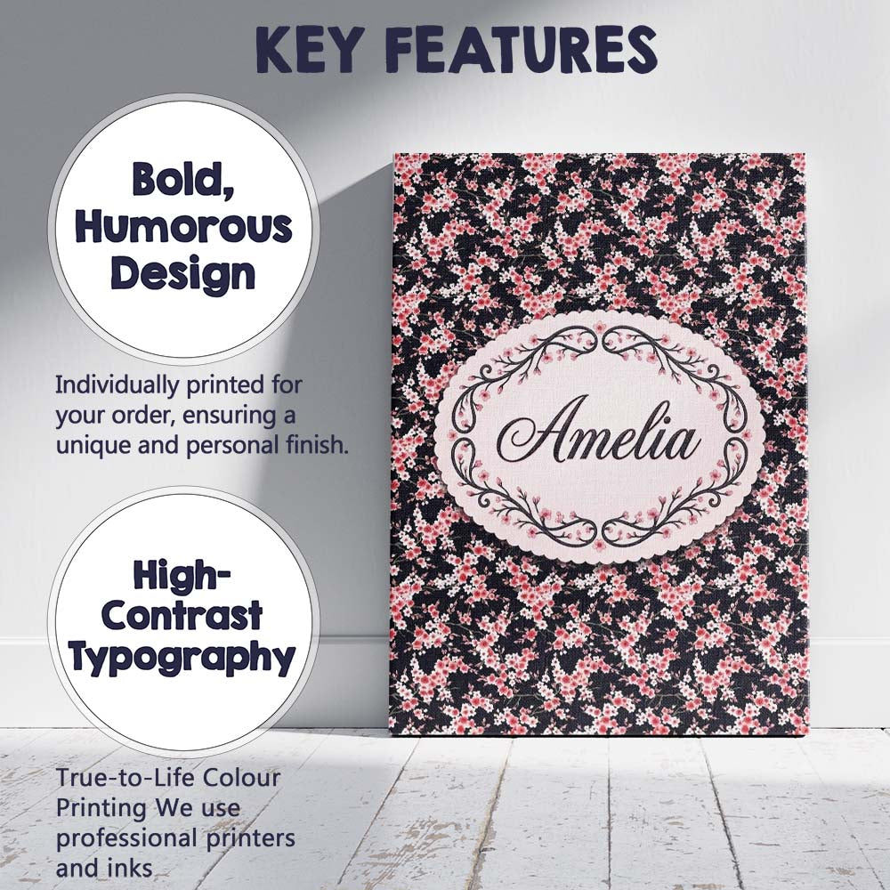 Personalised Name Pink Cherry Blossom Custom Modern Room Accent Creative Decorator Style Canvas Wall Art Print Decor Picture Ready to Hang