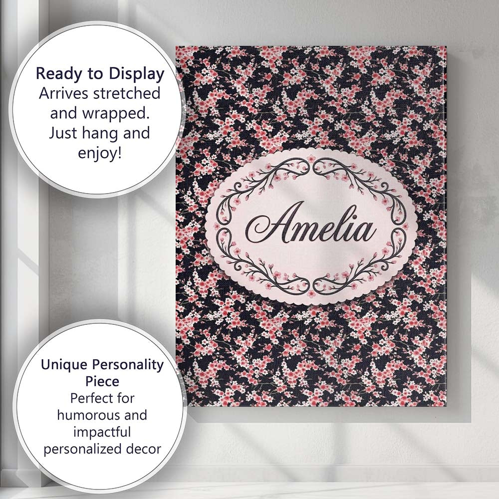 Personalised Name Pink Cherry Blossom Custom Modern Room Accent Creative Decorator Style Canvas Wall Art Print Decor Picture Ready to Hang