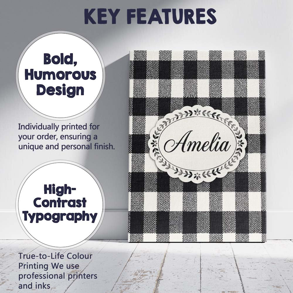 Personalised Name Micro Check Distortion Black Cream Optical Pattern Custom  Home Canvas Wall Art Print Decor Picture Ready to Hang