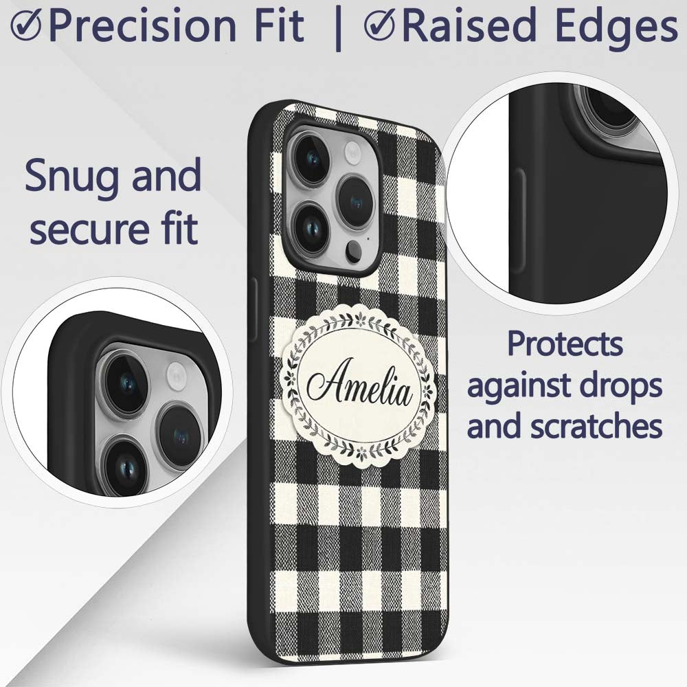 Micro Check Distortion Black Cream Printed Design Custom Name Protective Phone Case Mobile Cover Durable Everyday Smartphone Shock Resistant