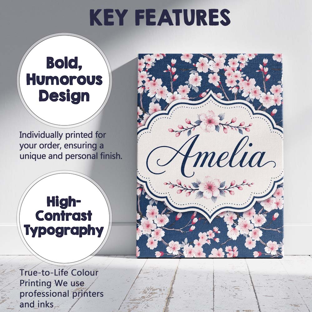 Personalised Name Soft Sakura Flower Custom Premium Decorative Design Modern Room Accent Canvas Wall Art Print Decor Picture Ready to Hang