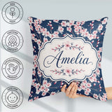Custom Name Soft Sakura Flower Branches Blue Background Seamless Square Filled Cushion Throw Pillow Sofa Bed Home Decor Zip Washable UK Made