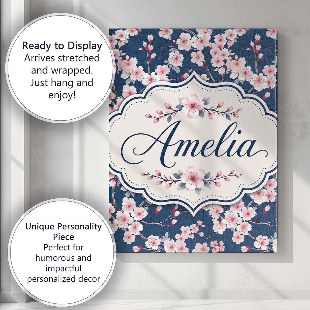 Personalised Name Soft Sakura Flower Custom Premium Decorative Design Modern Room Accent Canvas Wall Art Print Decor Picture Ready to Hang