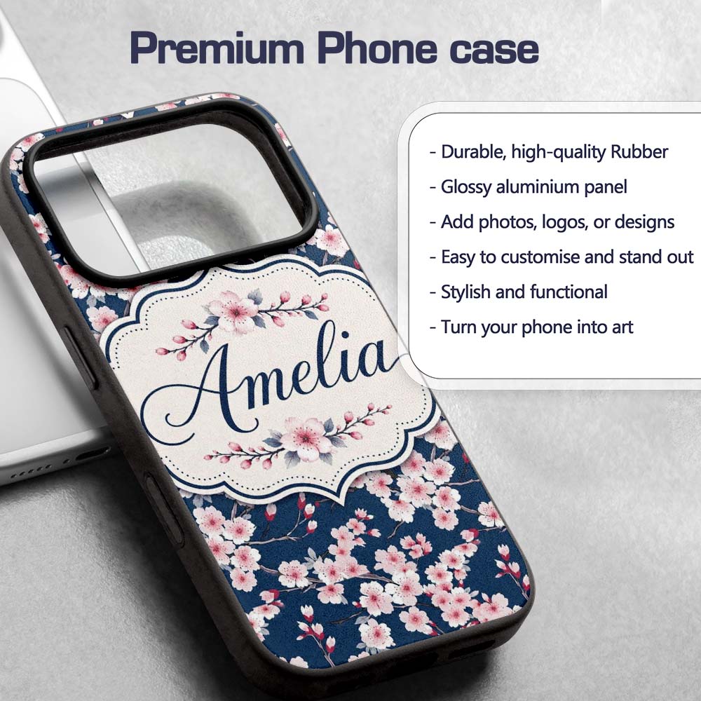 Soft Sakura Flower Branches Blue Printed Design Custom Name Protective Phone Case Mobile Cover Durable Everyday Smartphone Shock Resistant