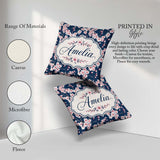 Custom Name Soft Sakura Flower Branches Blue Background Seamless Square Filled Cushion Throw Pillow Sofa Bed Home Decor Zip Washable UK Made