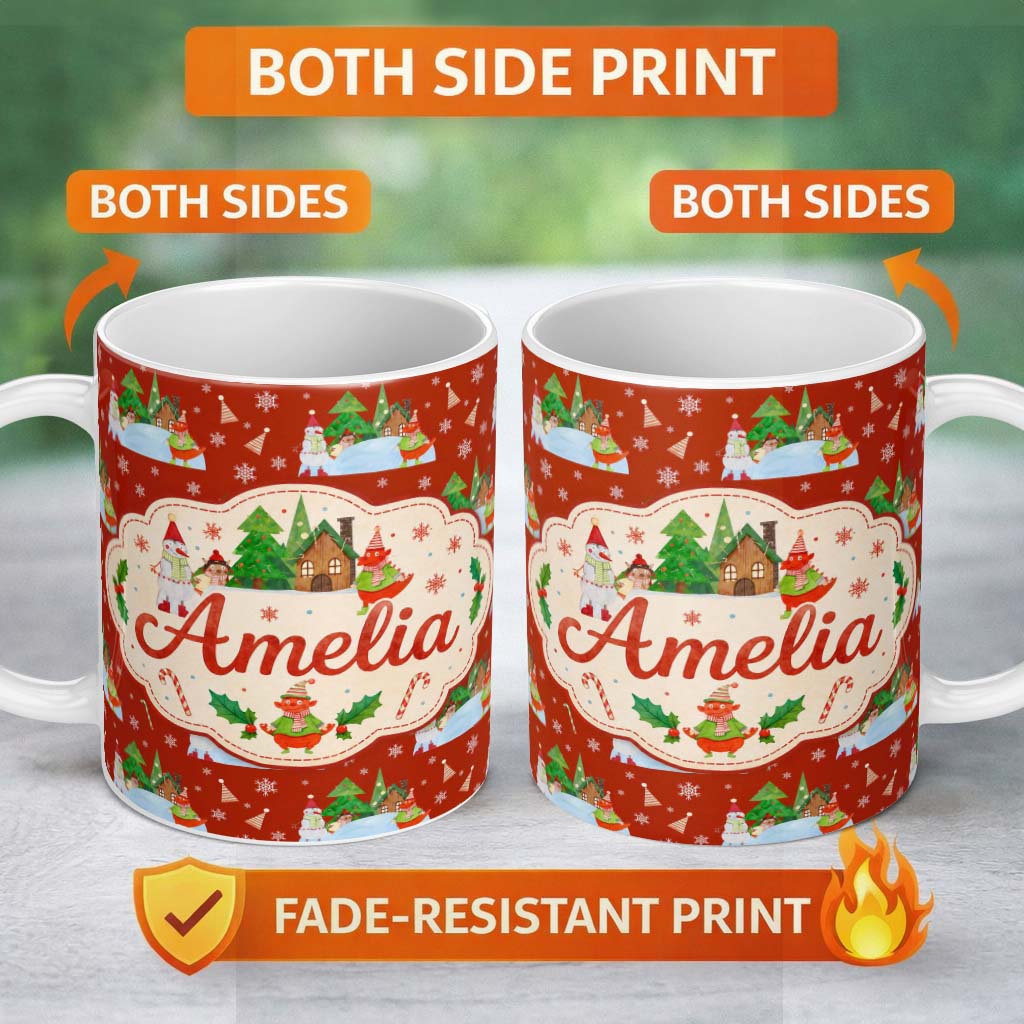 Personalized Custom Name Cute Snowman Winter Village Candy Cane Seamless Pattern Lovely 11oz Ceramic Coffee Tea Mug White Large Handle