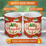 Personalized Custom Name Cute Snowman Winter Village Candy Cane Seamless Pattern Lovely 11oz Ceramic Coffee Tea Mug White Large Handle