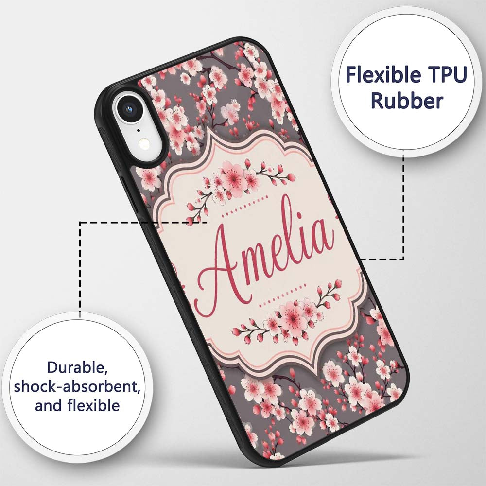 Cherry Blossom Branches Grey Background Elegant Custom Name Protective Phone Case Mobile Cover Durable Everyday Smartphone Shock Resistant