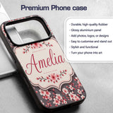 Cherry Blossom Branches Grey Background Elegant Custom Name Protective Phone Case Mobile Cover Durable Everyday Smartphone Shock Resistant