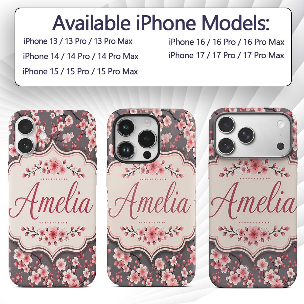 Cherry Blossom Branches Grey Background Elegant Custom Name Protective Phone Case Mobile Cover Durable Everyday Smartphone Shock Resistant