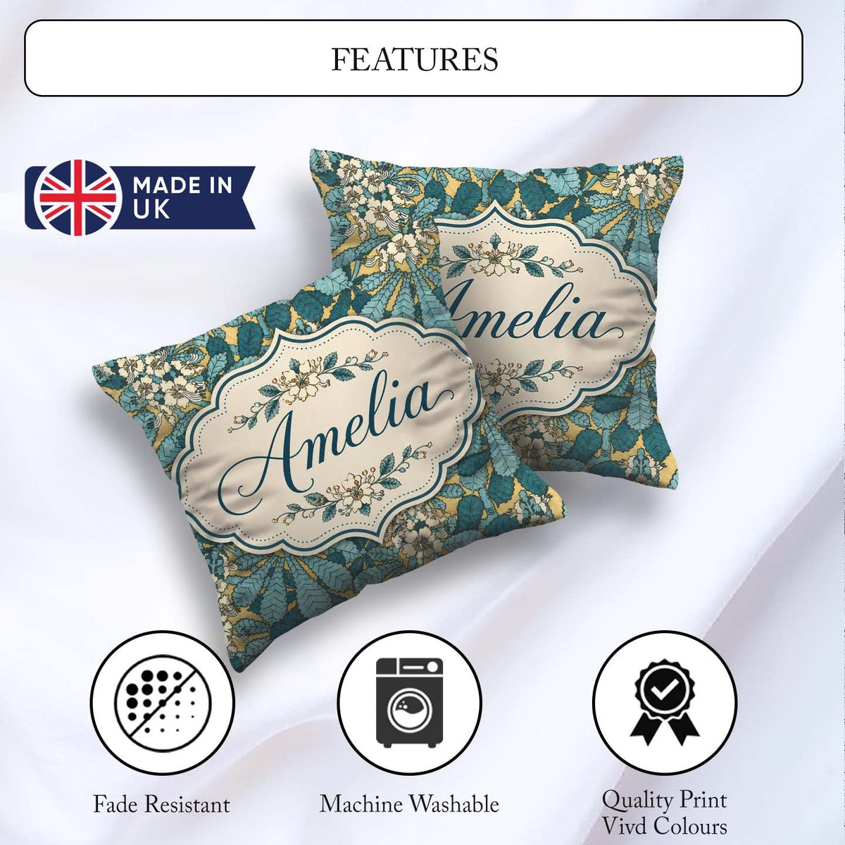 Custom Name Art Nouveau Botanical Leaves Floral Pattern Seamless Square Filled Cushion Throw Pillow Sofa Bed Home Decor Zip Washable UK Made
