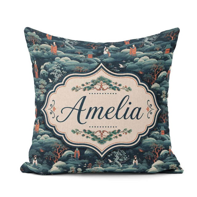 Custom Name Japanese Landscape Scene with Figures Trees Seamless Square Filled Cushion Throw Pillow Sofa Bed Home Decor Zip Washable UK Made