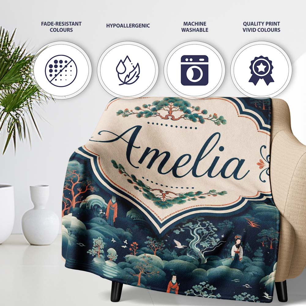 Japanese Landscape Scene with Figures and Trees Seamless Pattern  Personalised Custom Name Super Soft Fleece Blanket Bed Sofa Throw