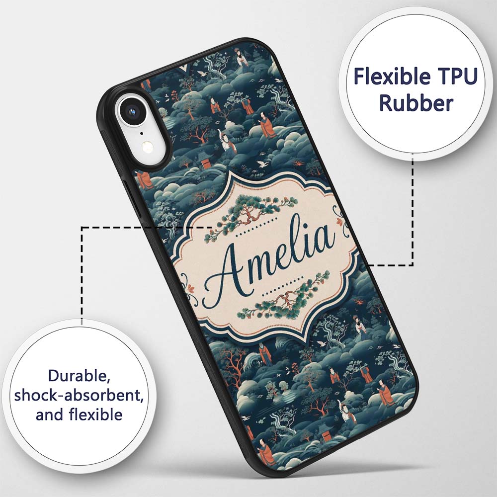 Japanese Landscape Scene with Figures and Trees Custom Name Protective Phone Case Mobile Cover Durable Everyday Smartphone Shock Resistant