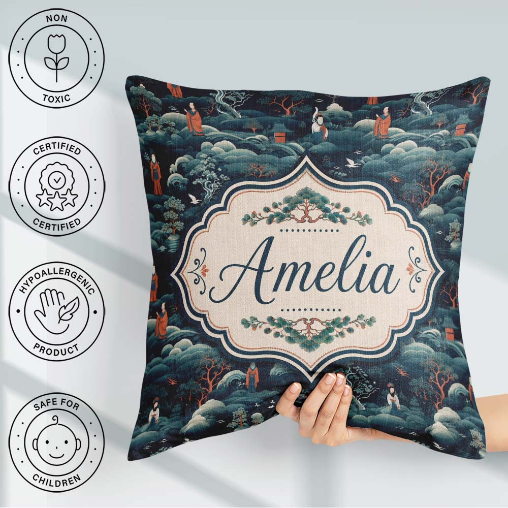 Custom Name Japanese Landscape Scene with Figures Trees Seamless Square Filled Cushion Throw Pillow Sofa Bed Home Decor Zip Washable UK Made