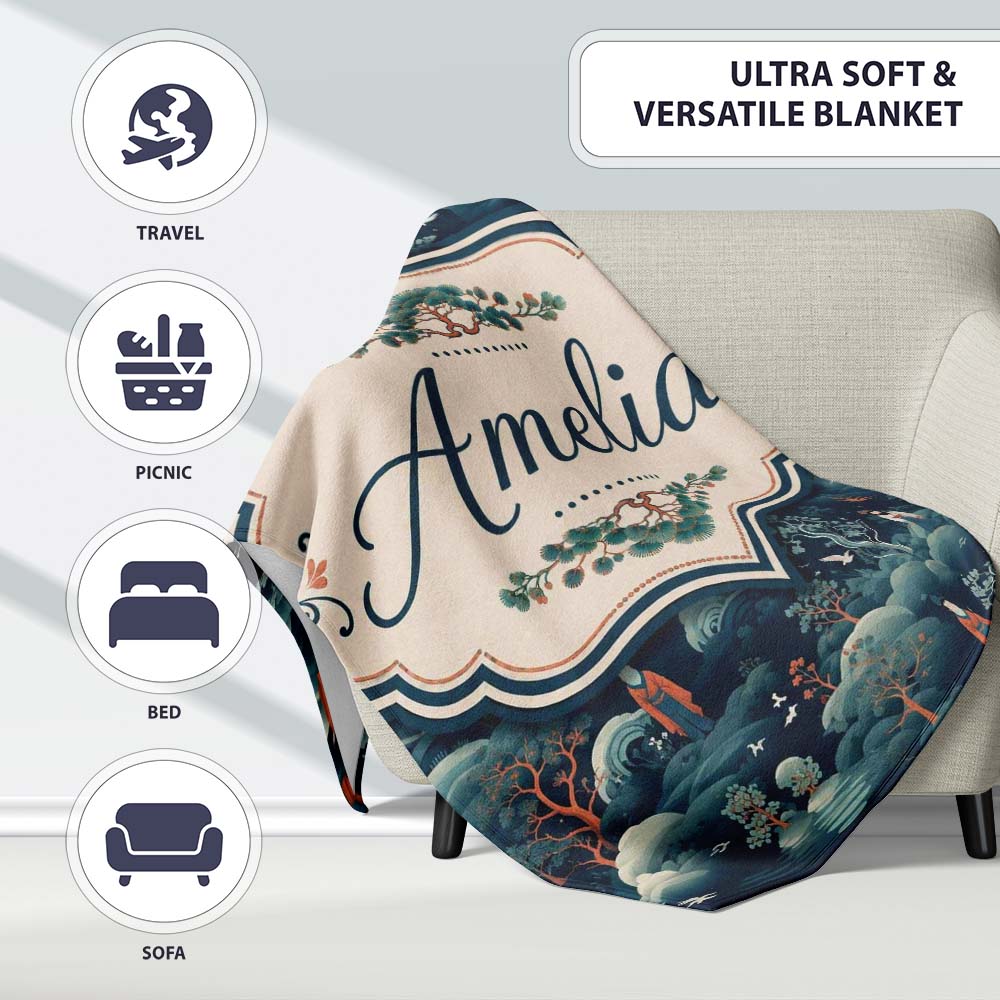 Japanese Landscape Scene with Figures and Trees Seamless Pattern  Personalised Custom Name Super Soft Fleece Blanket Bed Sofa Throw