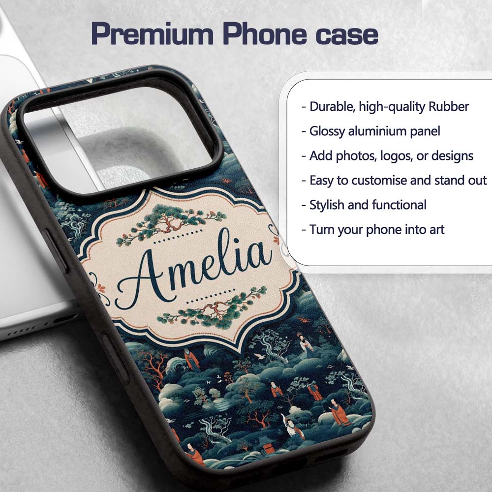 Japanese Landscape Scene with Figures and Trees Custom Name Protective Phone Case Mobile Cover Durable Everyday Smartphone Shock Resistant