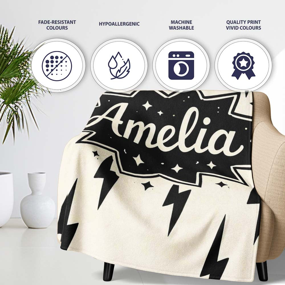 Minimal Lightning Bolt Black Cream Modern Graphic Pattern Lovely  Personalised Custom Name Super Soft Fleece Blanket Bed Sofa Throw